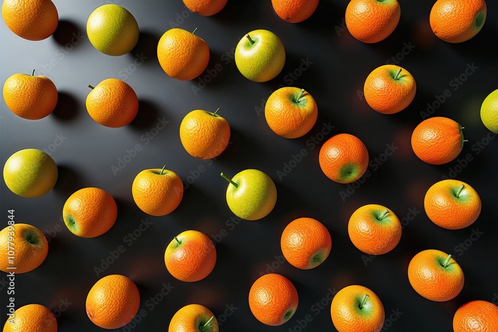 Poster dynamic 3d render of isolated falling fruits on black background