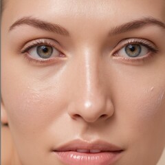 Fototapeta premium スキンケアを気にする美しい肌の女性のクローズアップカメラ目線で頰杖 素肌感や肌感のある美容やビューティーの美しいイメージ