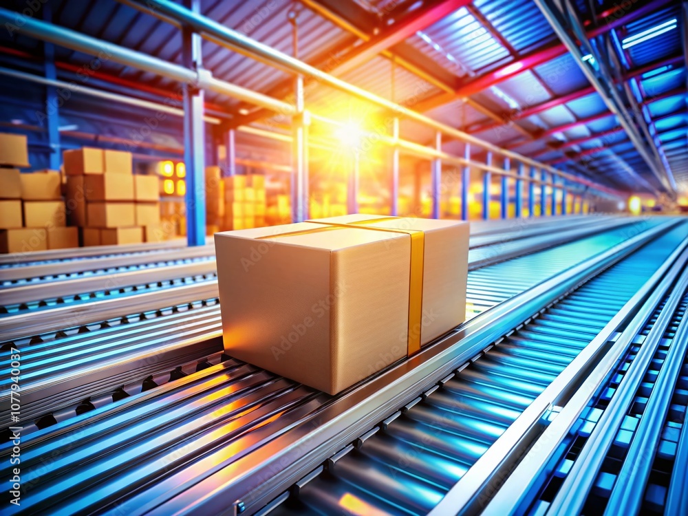 Poster closeup of cardboard box on conveyor belt in warehouse with data overlays illustrating tracked shipp