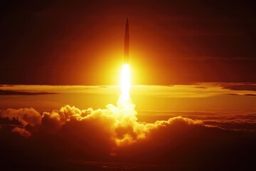 Rocket Launch at Sunset with Dramatic Clouds and Fire