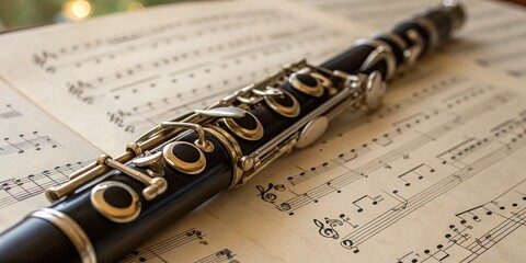 Closeup of Clarinet Keys with Bokeh Effect Against Blurred Staff Paper Background, Highlighting Musical Instruments and Their Intricate Details for Music Lovers and Musicians
