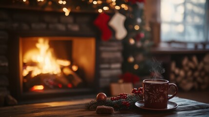 A large fireplace with a mantel decorated for the holidays, a mug of hot chocolate nearby.
