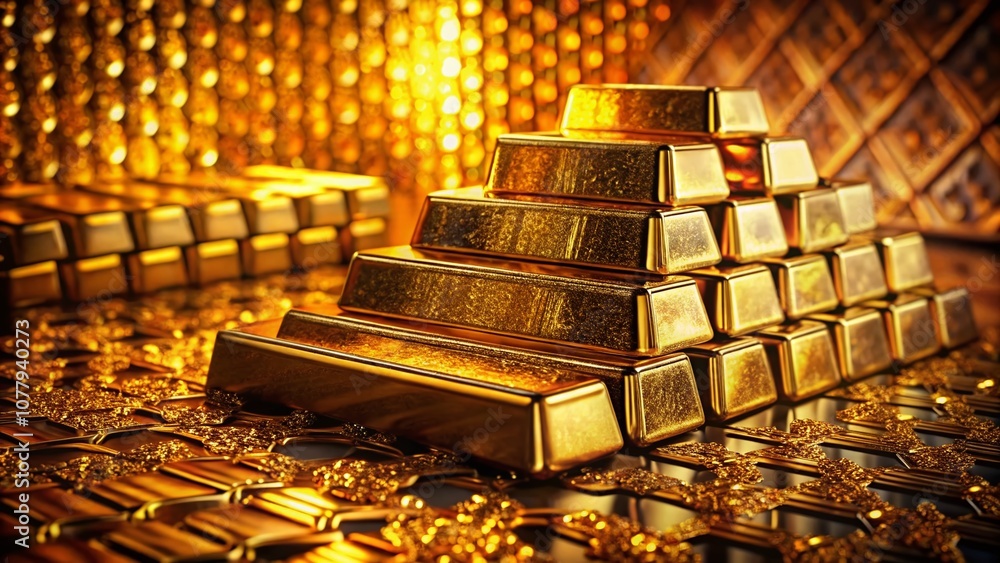 Poster close-up of gold bars in a surreal business environment: a textured background emphasizing wealth an