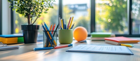 A wooden desk with a notebook, pens, pencils, and a small plant near a window.