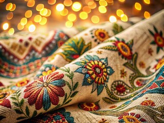 Close-Up of Linen Fabric with Graphic Patterns, Showcasing Intricate Textures and Designs, Ideal for Textile, Fashion, and Home Decor Projects with Ample Copy Space