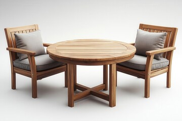 Fototapeta premium set of wooden garden furniture including a round table and chairs isolated on a pure white background the clean aesthetic showcases outdoor relaxation and leisure lifestyle
