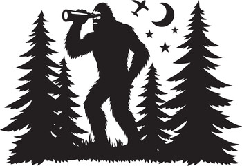 Fototapeta premium Bigfoot silhouette with binoculars peeking through trees
