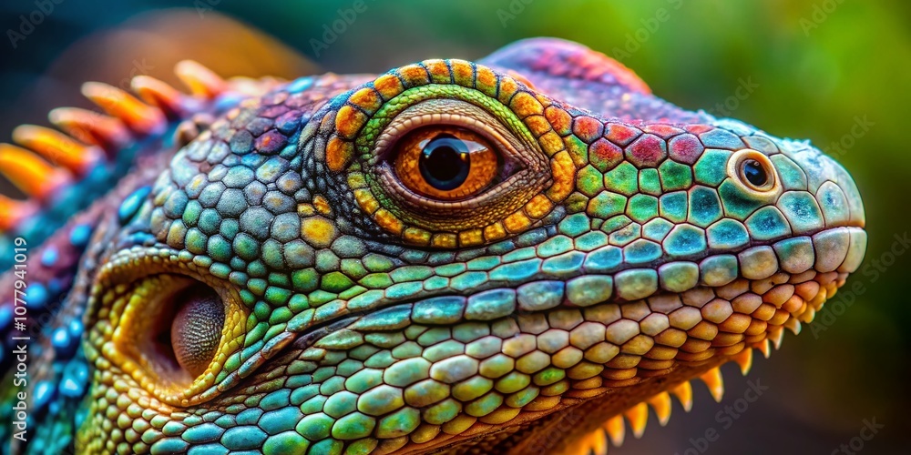 Poster close-up portrait of a vibrant lizard showcasing its intricate scales and color patterns against a n