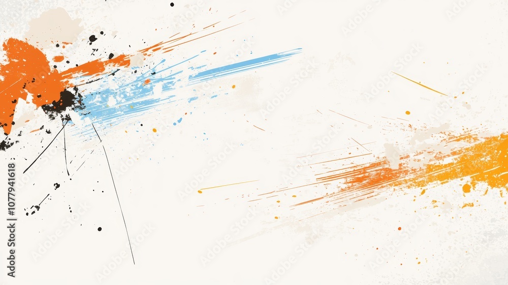 Poster dynamic interplay of blue and orange paint splashes on a white background creating an abstract art p