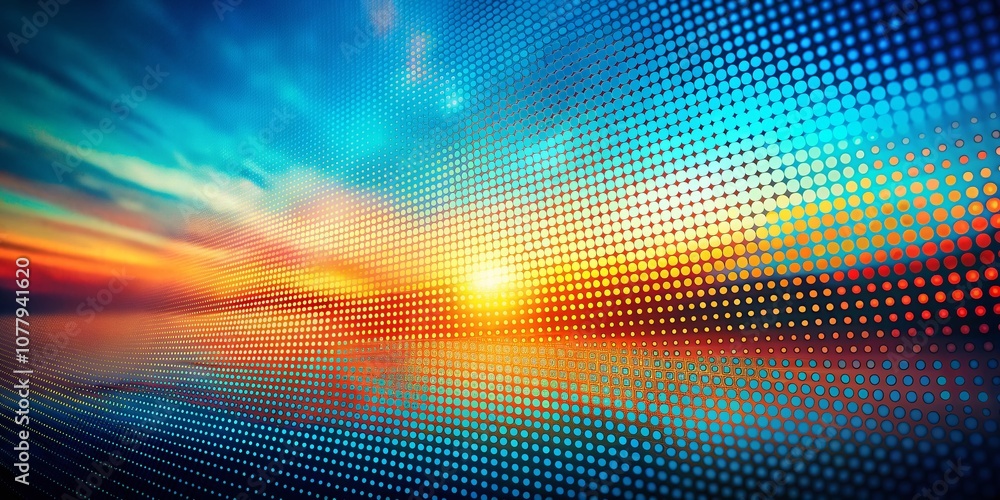Poster colorful blurred background with halftone effect overlay in shiny blue-orange abstract gradient for 