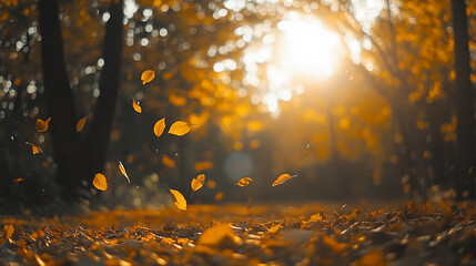 Fototapeta premium Golden autumn leaves falling as the sun sets through trees in a tranquil forest path