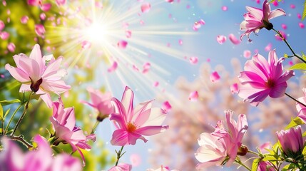 Flying Pink Petals Summer Flower Background - a vibrant and enchanting visual. The floating pink petals evoke a sense of summer joy and beauty, creating a lively and picturesque scene.