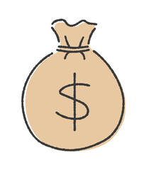 通貨記号の$とお金の入った袋のイラスト - 手書きのシンプルなドルでの貯金や利益のイメージ素材