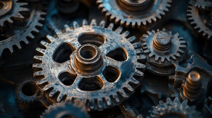 Close-up of a group of rusty metal gears interlocked together.
