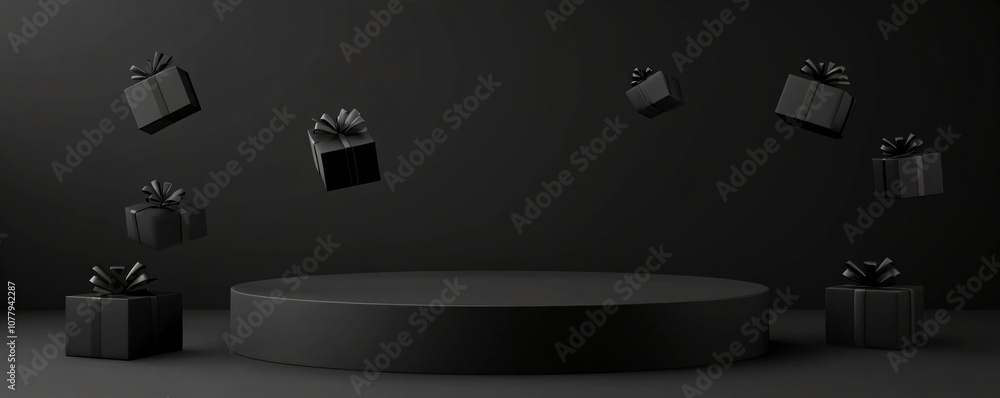 Poster modern empty podium with present boxes on black background. template for product display. black frid