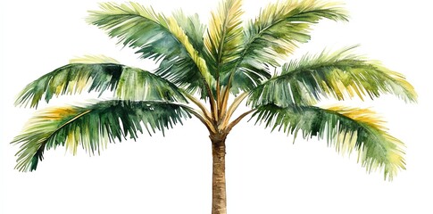 Fototapeta premium Watercolor painting of a palm tree with green fronds and a brown trunk against a white background. (1)