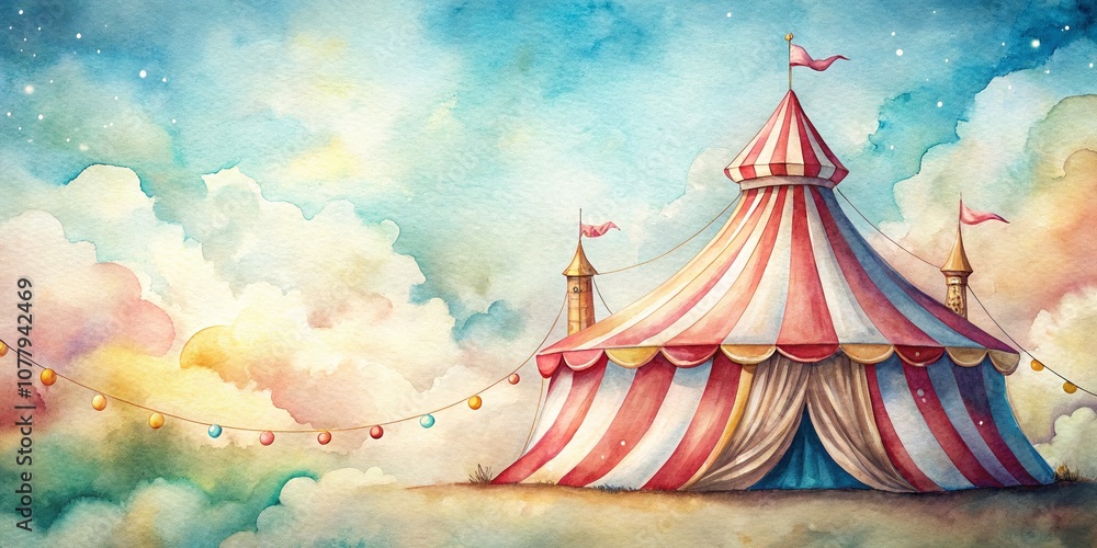 Poster colorful watercolor circus tent with vibrant patterns and soft background, perfect for captivating d