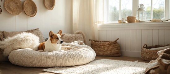 Adorable dog relaxing on a cozy bed in a sunlit room with wicker baskets.