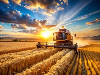 Fototapeta premium Combine Harvester in Action Harvesting Golden Wheat Fields Under a Clear Blue Sky in Late Afternoon Light - Capturing the Essence of Rural Agriculture and Harvest Season