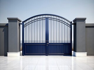 Conceptual Photography of a Dark Blue Main Gate Design Against a Crisp White Background, Emphasizing Modern Aesthetic and Architectural Elegance in Minimalist Style