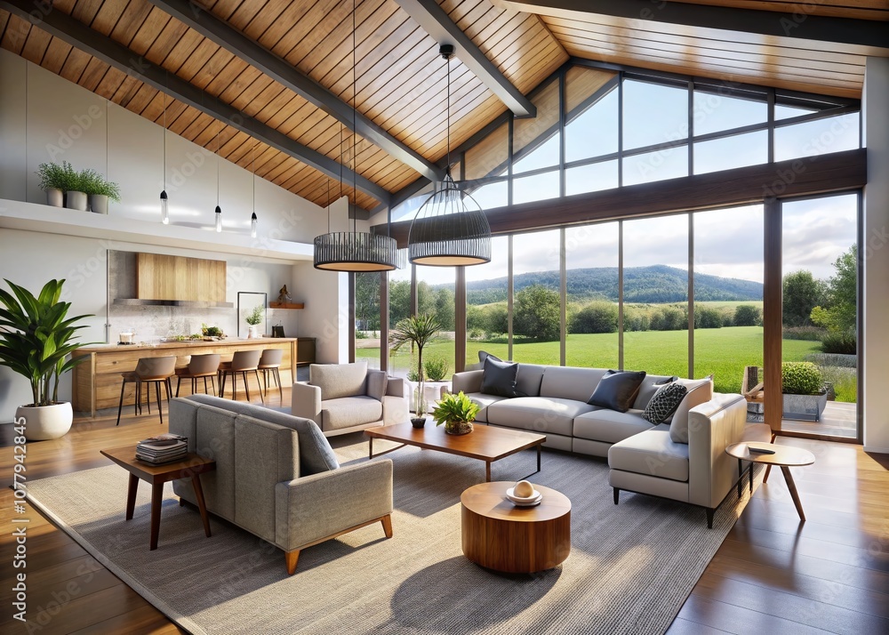 Poster contemporary minimalist ranch interior with clean lines and expansive open spaces in 3d rendering, s