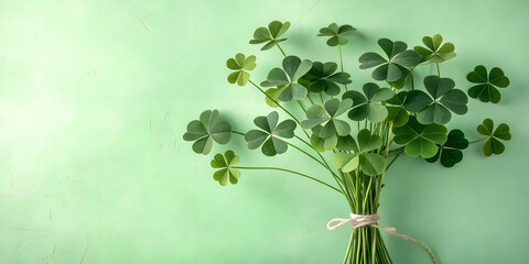 Fototapeta premium Fresh bouquet of shamrocks tied with a ribbon against a green background for St. Patrick's Day, copy space 