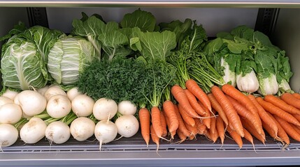 46.A colorful assortment of fresh farm vegetables displayed on a shelf, featuring carrots, white radishes, cabbage, and Chinese cabbage. The vibrant orange carrots and white radishes stand out,