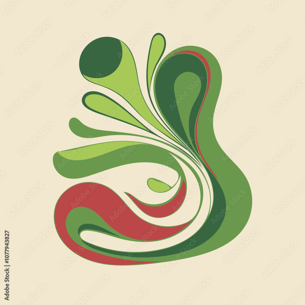 Poster an abstract design featuring green and red swirls resembling a floral pattern. the design is minimal