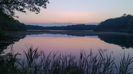 Fototapeta premium Twilight sky over a calm lake, the water reflecting the fading colors as night begins to settle in
