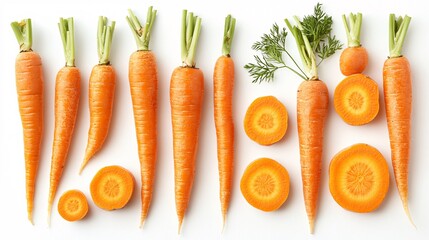16.A detailed image of whole and cut fresh carrots arranged side by side on a white background. The vibrant orange carrots are displayed in different forms, from whole, unpeeled carrots to sliced