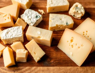 A Colorful Display of Cheese Dices and Slices on a Wooden Board