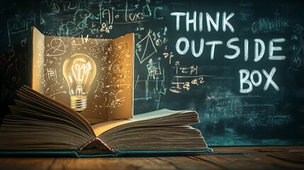 An open book with mathematical equations and symbol of idea light bulb