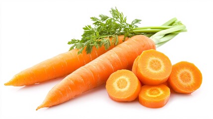 18.A group of whole and cut fresh carrots isolated on a white background. The whole carrots are long and vibrant, while the cut pieces show the bright orange interior, creating a visually appealing