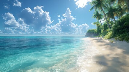 Serene beach scene with palm trees and clear blue water.