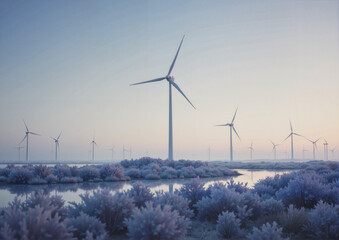 Wind turbines in frosty landscape at dawn