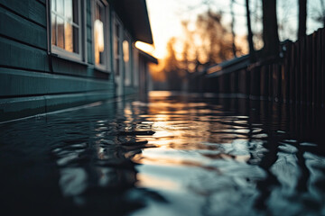 Suburban houses with water up to their windows after a flood