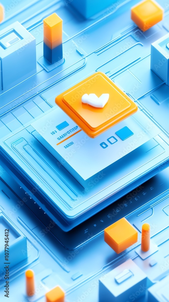 Poster a 3d render of a heart icon on a blue and orange platform, representing digital love and connection.