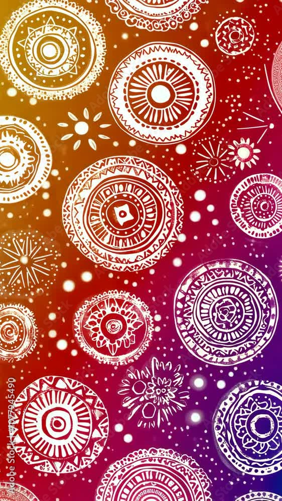 Poster white circular designs with intricate patterns on a red, orange, and purple gradient background