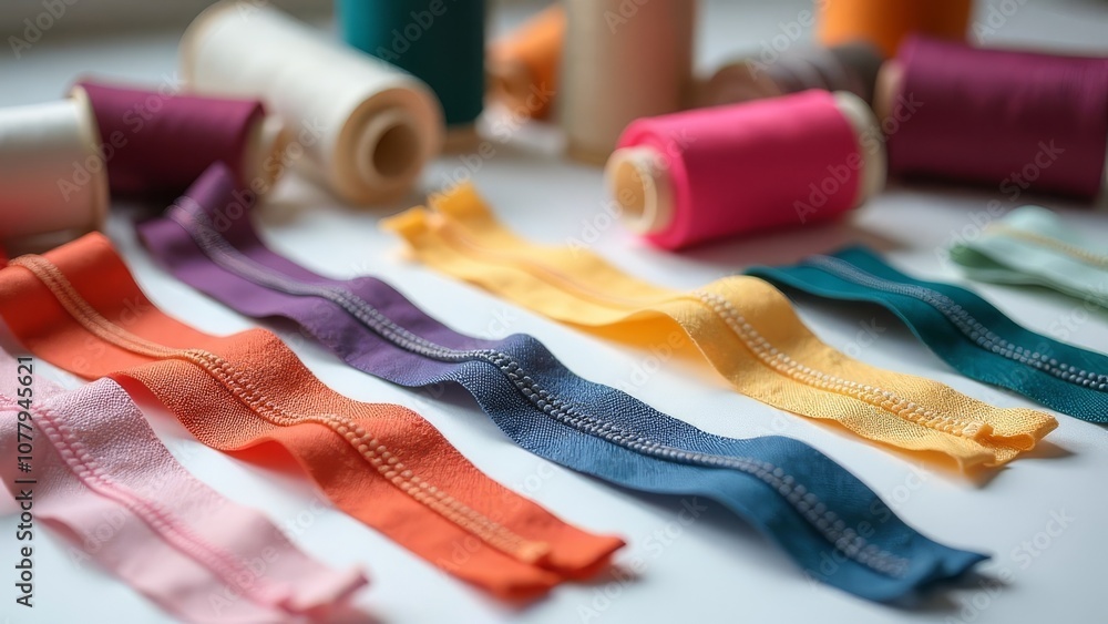 Poster multi-colored zippers and threads are laid out on a white surface.