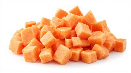 1.A pile of freshly diced carrot cubes, isolated on a clean white background. The bright orange cubes are evenly chopped, creating a neat pile with sharp edges and a vibrant color. The texture of the