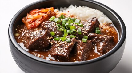 64.A beautifully presented bowl of Galbi gukbap, featuring a rich broth with tender beef ribs and soft rice. The soup is garnished with fresh green onions and sesame seeds, while a side of kimchi and