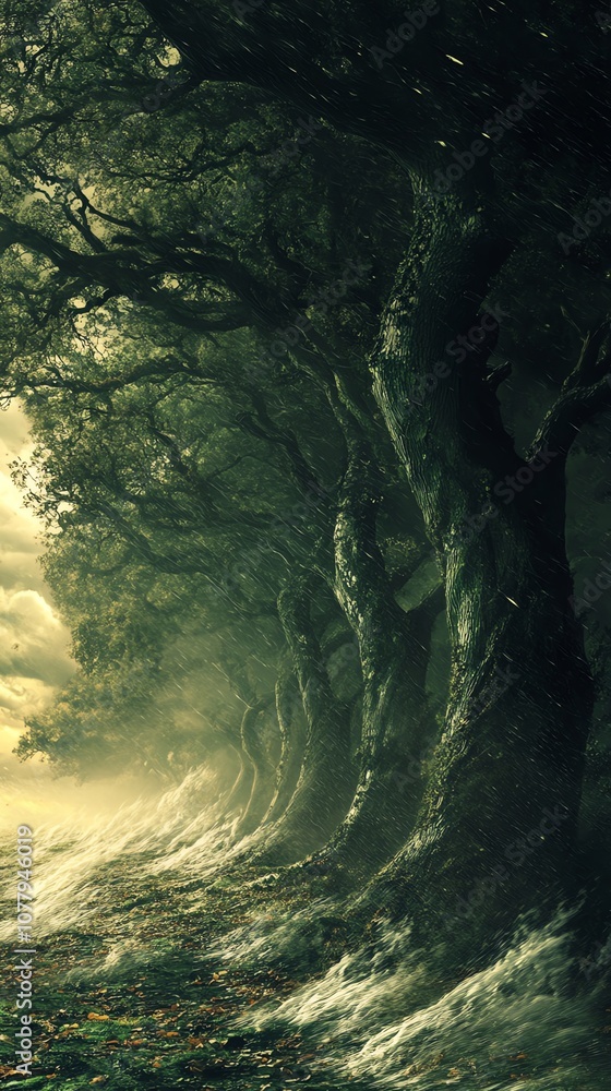 Poster a misty forest path winds through a tunnel of trees, sunlight filtering through the leaves.