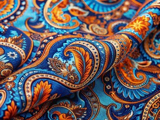 Detailed Close-Up of a Vibrant Blue and Orange Paisley Print Fabric Ideal for Textile Backgrounds and Design Inspirations in Fashion and Home Decor