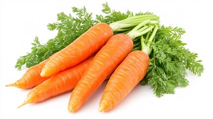6.A set of fresh, ripe carrots with their green leaves intact, isolated on a white background. The bright orange carrots are neatly arranged, with their vibrant green tops providing a bold contrast,