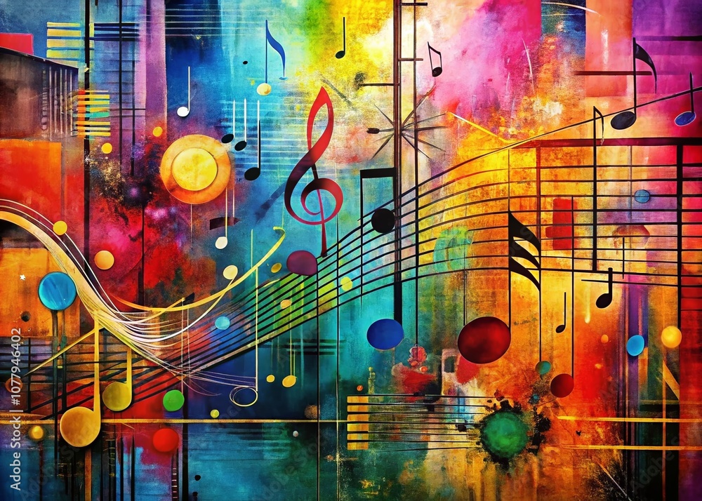 Poster digital retro music notation painting with abstract geometric patterns for urban exploration photogr