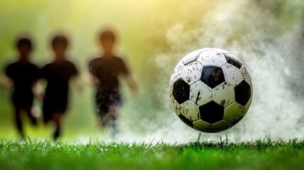 Kids Playing Soccer on a Sunny Day With a Focus on a Dirty Soccer Ball Rolling Through Misty Grass in a Beautiful Outdoor Setting