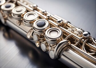 Fototapeta premium Discovering the Elegance of the Silver Flute: A Close-Up Architectural Photography Exploration of Its Beautiful Design and Craftsmanship in Musical Instruments