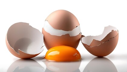 A cracked brown eggshell with a runny yolk, isolated on a white background