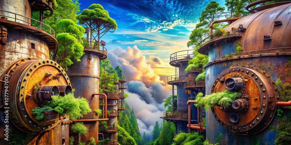 Poster double exposure photography of rusty boiler with mechanical flanges and nature elements blending tog