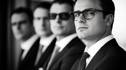 Group of Confident Businessmen in Suits Posing for Photograph with Sunglasses in Black and White, Strong Expressions Reflecting Professionalism and Success